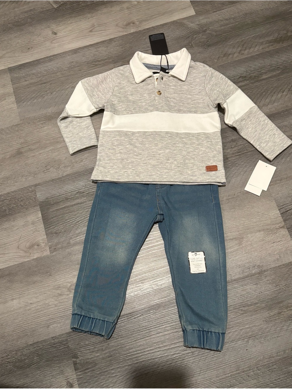 7 For All Mankind Grey & White Striped Polo Sweatshirt with Blue Jogger Jeans